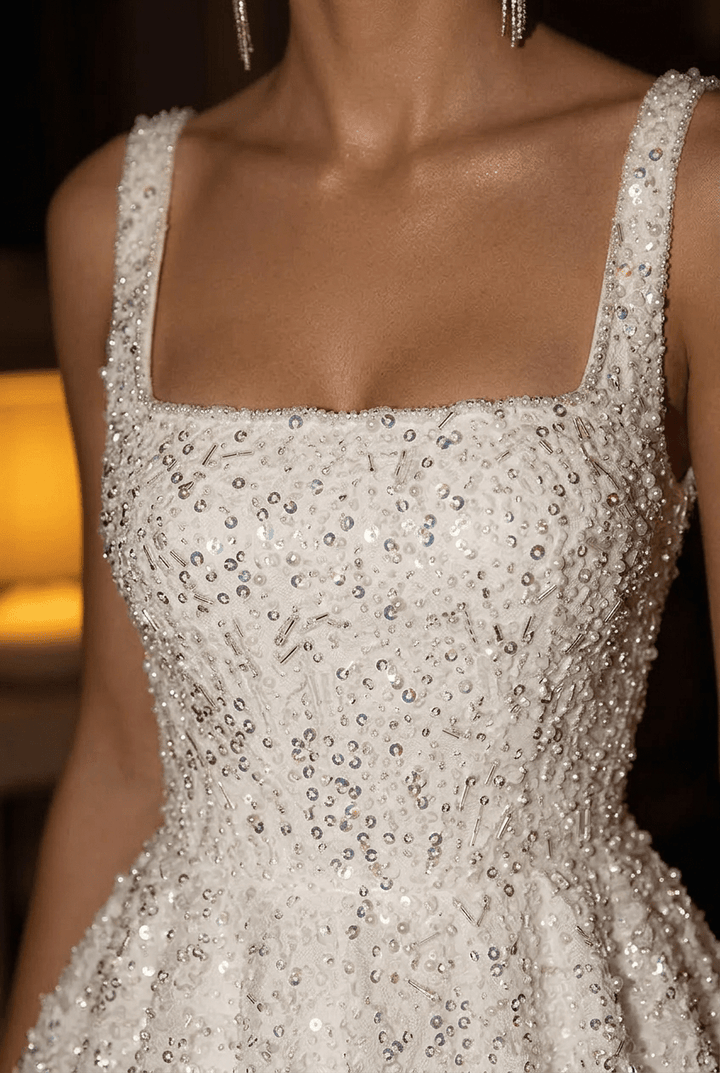 Glittered Short Bridal Wedding Dress with Sleeveless Design and Square Neckline – Sequin Wedding Dress Beaded Plus Size - WonderlandByLilian