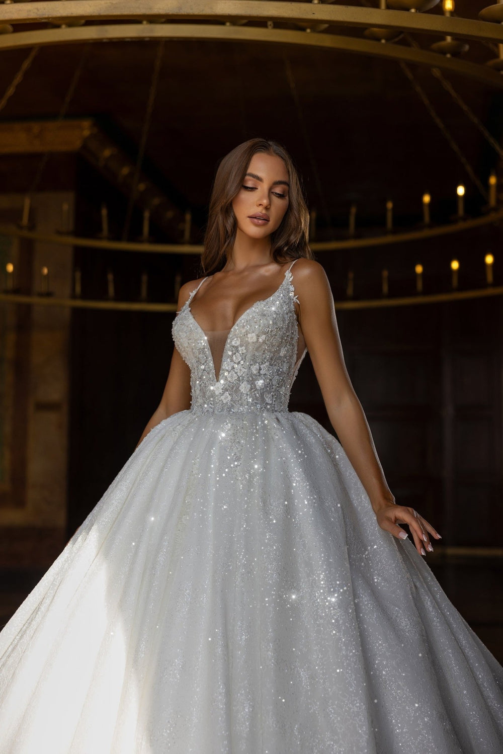 Glittering Sequin Ball Gown Wedding Dress with Plunge V-Neck - Plus Size - WonderlandByLilian