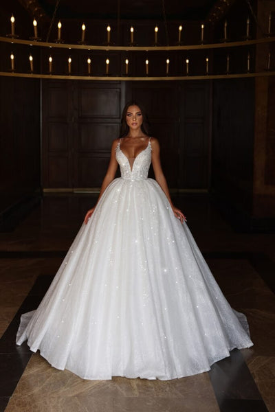 Glittering Sequin Ball Gown Wedding Dress with Plunge V-Neck - Plus Size - WonderlandByLilian