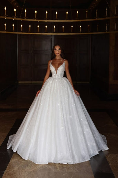 sequin ball gown wedding dress Glittering with Plunge V-Neck style top shapes the swse Brown Shoes Black Belt Size:32W x 32L