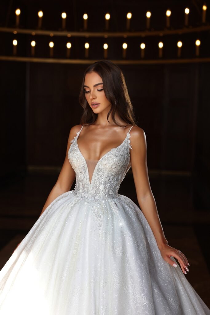 Glittering Sequin Ball Gown Wedding Dress with Plunge V-Neck - Plus Size - WonderlandByLilian