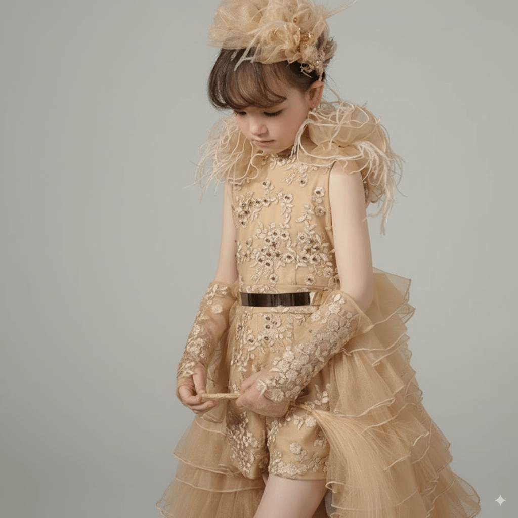 Gold Embroidered Tulle Flower Girl Dress with Ruffled Train – Luxury Flower Girl Dress for Wedding Plus Size - WonderlandByLilian