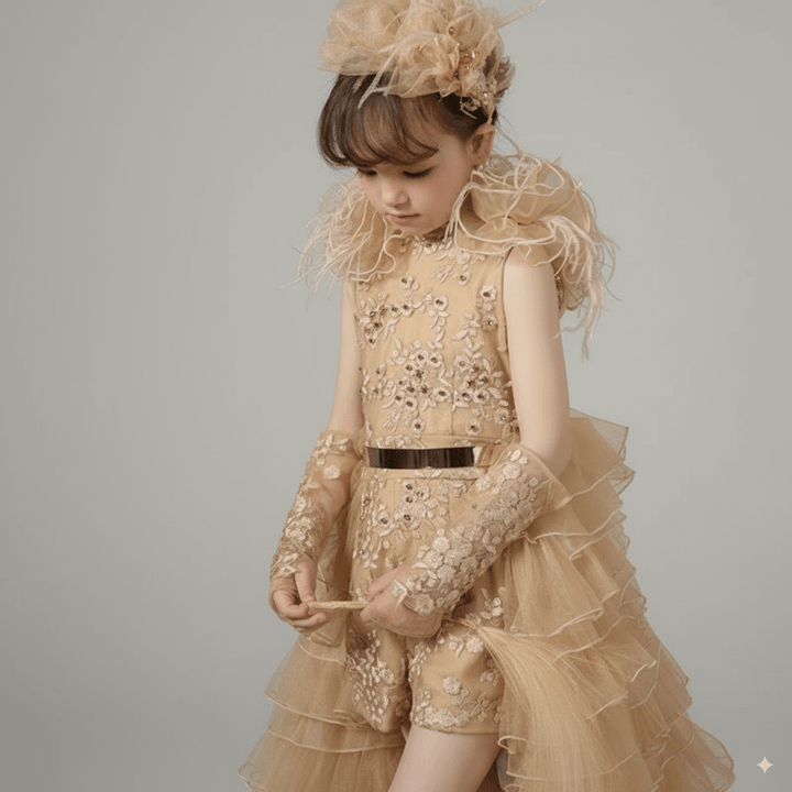 Gold Embroidered Tulle Flower Girl Dress with Ruffled Train – Luxury Flower Girl Dress for Wedding Plus Size - WonderlandByLilian