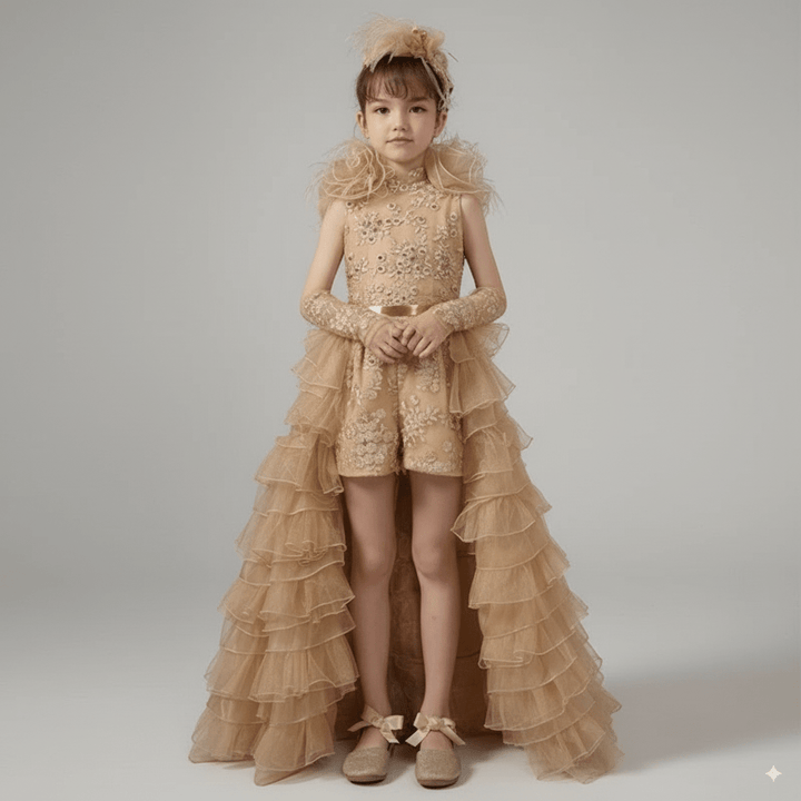 Gold Embroidered Tulle Flower Girl Dress with Ruffled Train – Luxury Flower Girl Dress for Wedding Plus Size - WonderlandByLilian