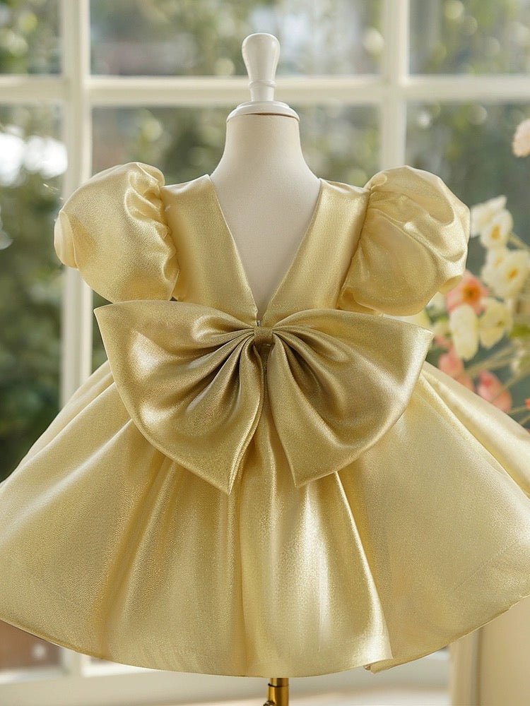 Gold Flower Girl Dress with Puffed Sleeves and Satin Bow – Plus Size
