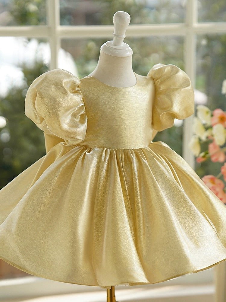 Gold Flower Girl Dress with Puffed Sleeves and Satin Bow – Plus Size - WonderlandByLilian