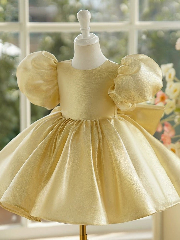 Gold Flower Girl Dress with Puffed Sleeves and Satin Bow – Plus Size - WonderlandByLilian