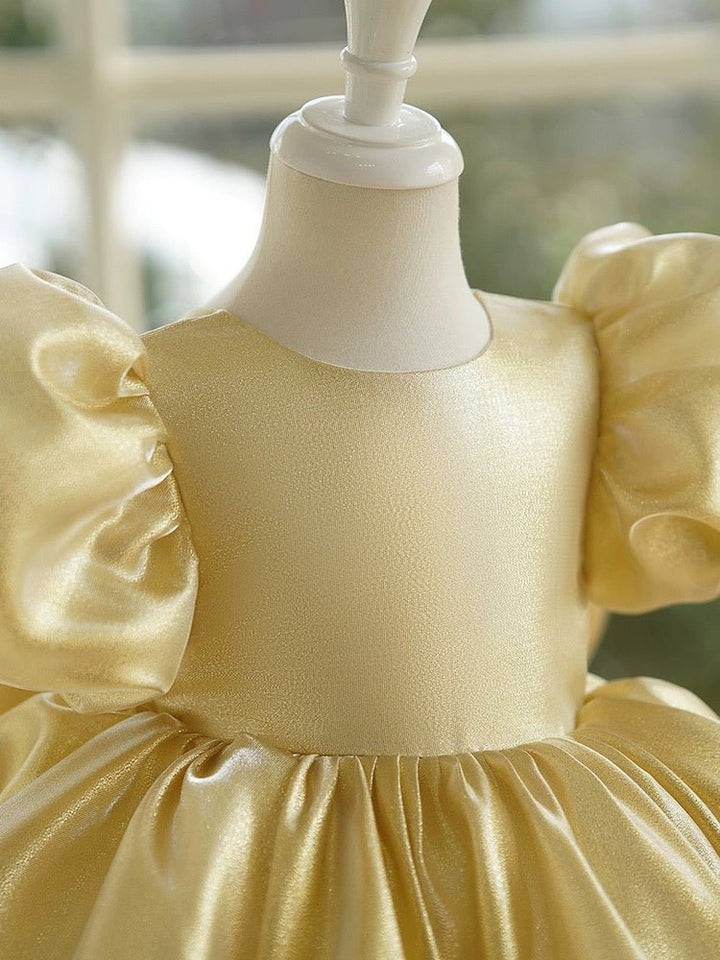 Gold Flower Girl Dress with Puffed Sleeves and Satin Bow – Plus Size - WonderlandByLilian