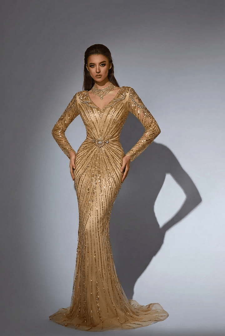 Gold Glitter Maxi l Dress with Long Sleeves – Sequin Evening Gown with Knot Waist Detail Plus Size - WonderlandByLilian