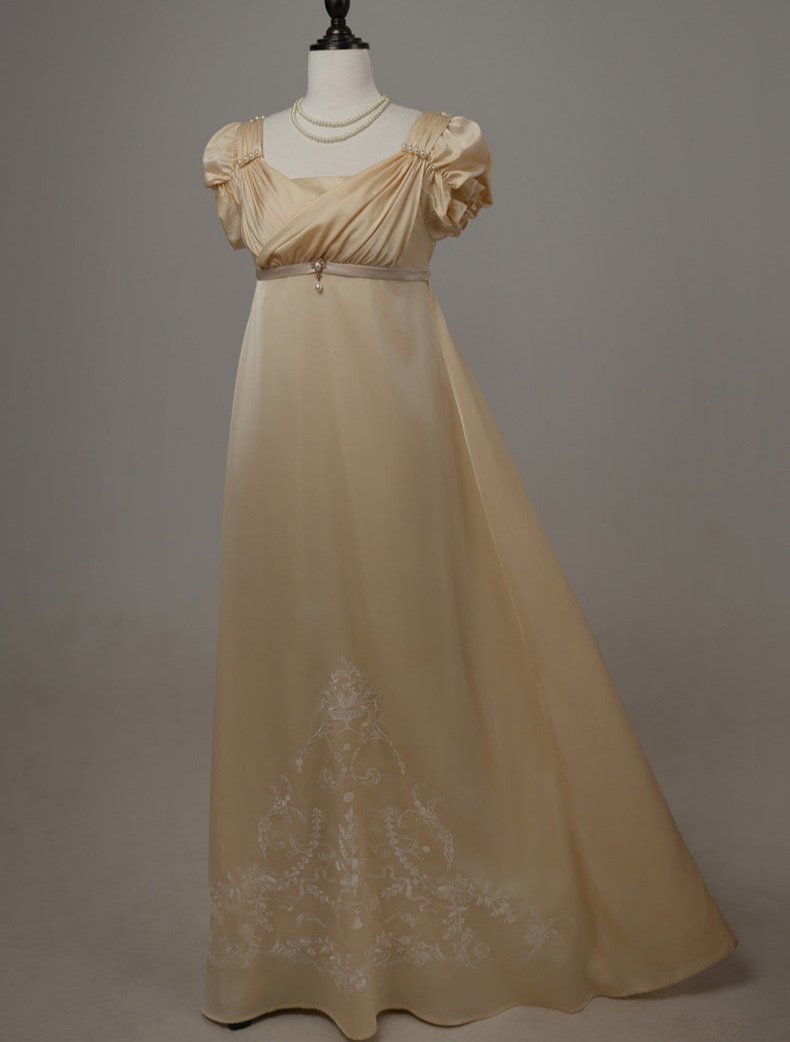 Gold Regency Era Dress with Elegant Embroidery - Custom Regency Dress with Puff Sleeves and Pearl Detailing Plus Size Size 20W / Gold / with Cape Gold Regency Era Dress with Elegant Embroidery - Custom Regency Dress with Puff Sleeves and Pearl Detailing Plus Size Size 20W / Gold / with Cape