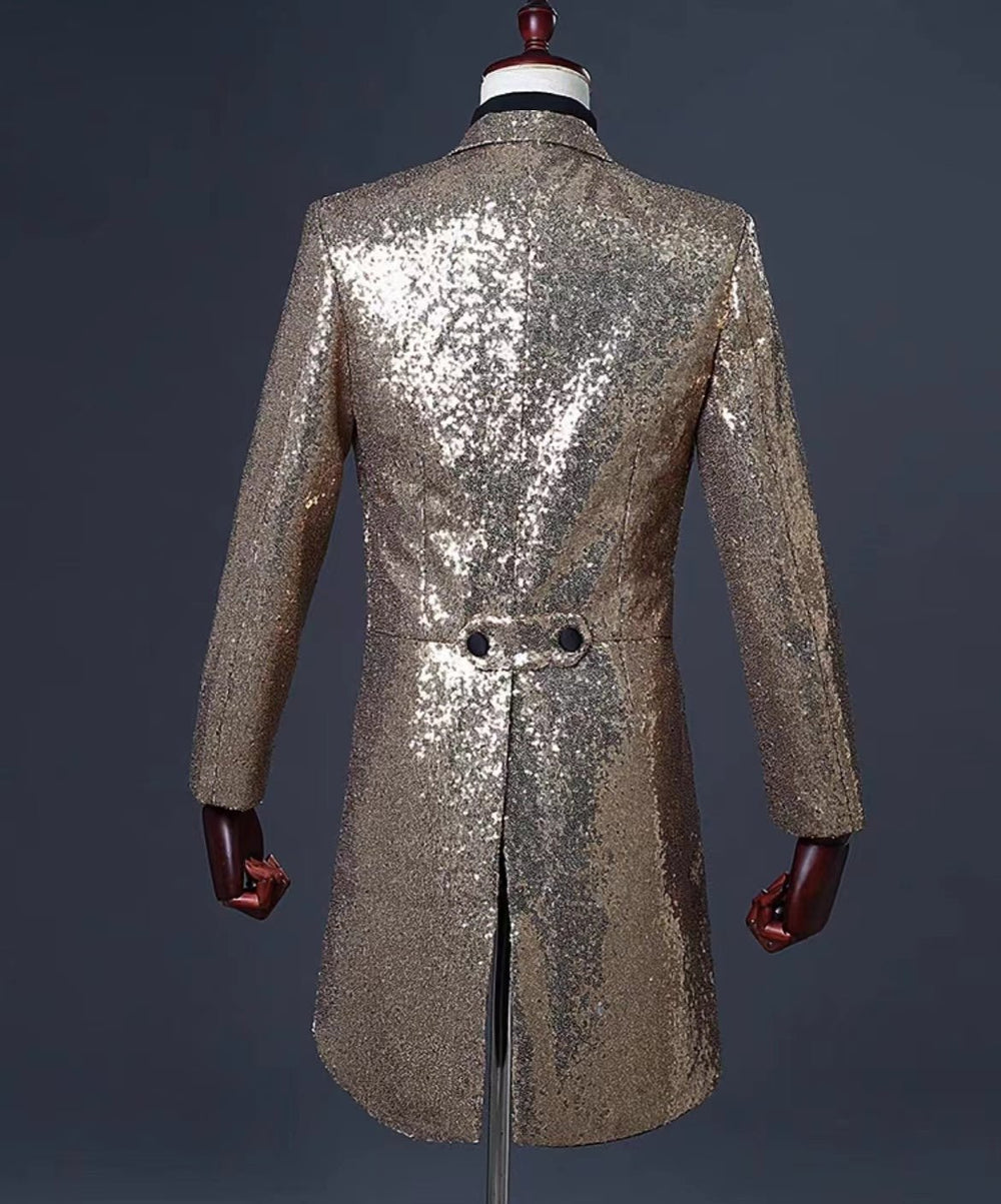 Gold Regency Vintage Menswear - Gold Long Suit and Sequin Tuxedo Jacket for Men Plus Size - WonderlandByLilian