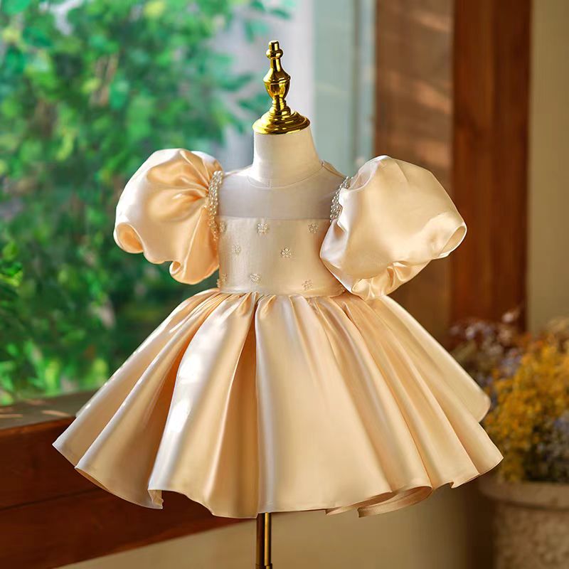 Gold Satin Flower Girl Dress for Wedding – Puff Sleeve Plus Size - WonderlandByLilian