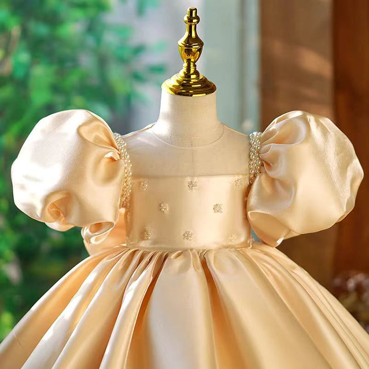 Gold Satin Flower Girl Dress for Wedding – Puff Sleeve Plus Size - WonderlandByLilian