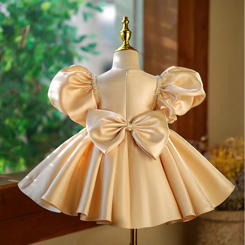 Gold Satin Flower Girl Dress for Wedding – Puff Sleeve Plus Size - WonderlandByLilian