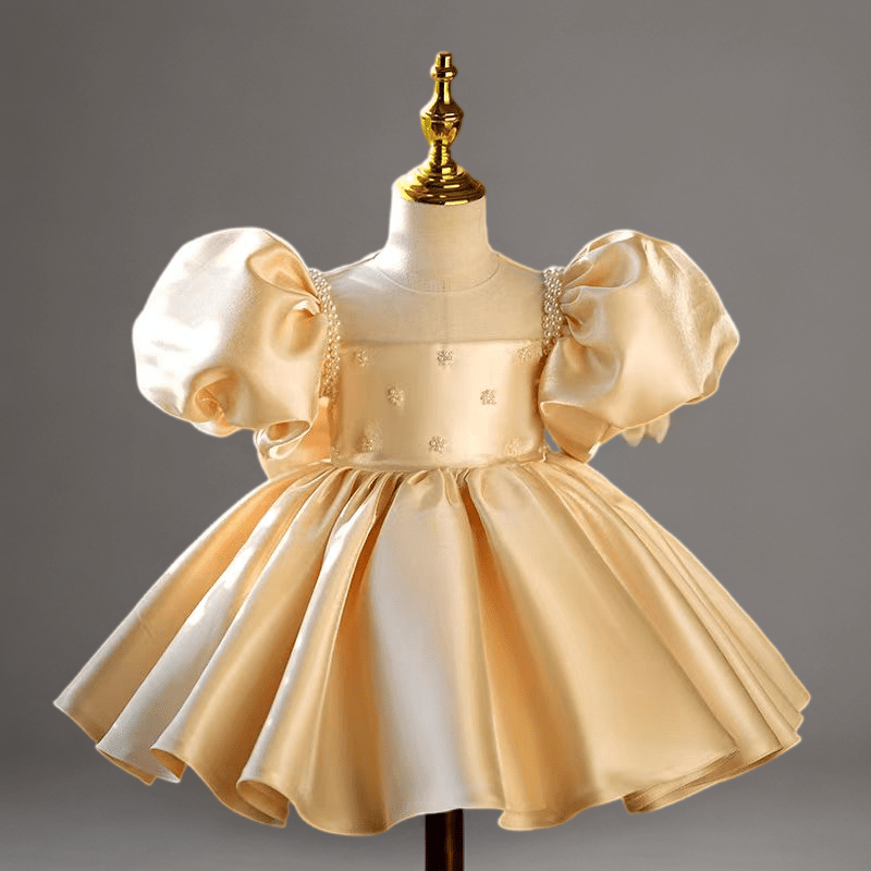 Gold Satin Flower Girl Dress for Wedding – Puff Sleeve Plus Size - WonderlandByLilian