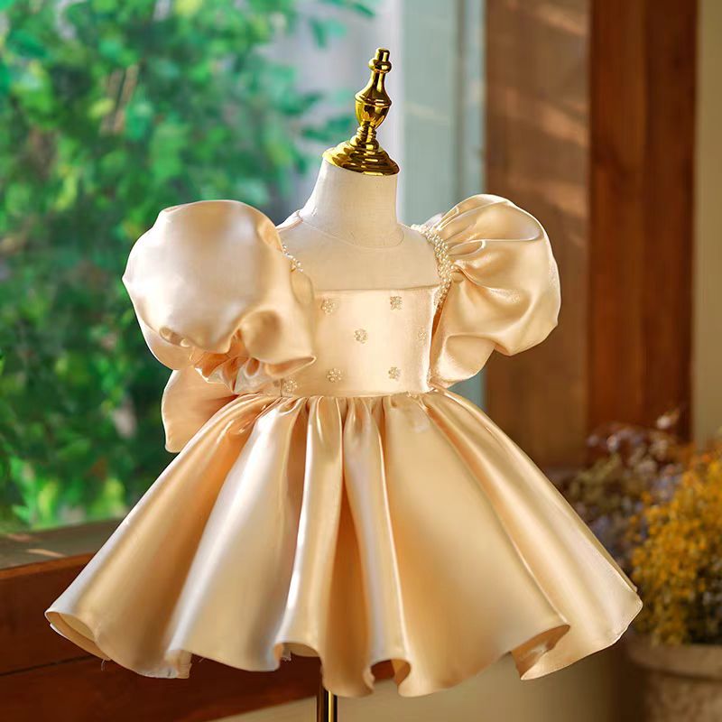 Gold Satin Flower Girl Dress for Wedding – Puff Sleeve Plus Size - WonderlandByLilian