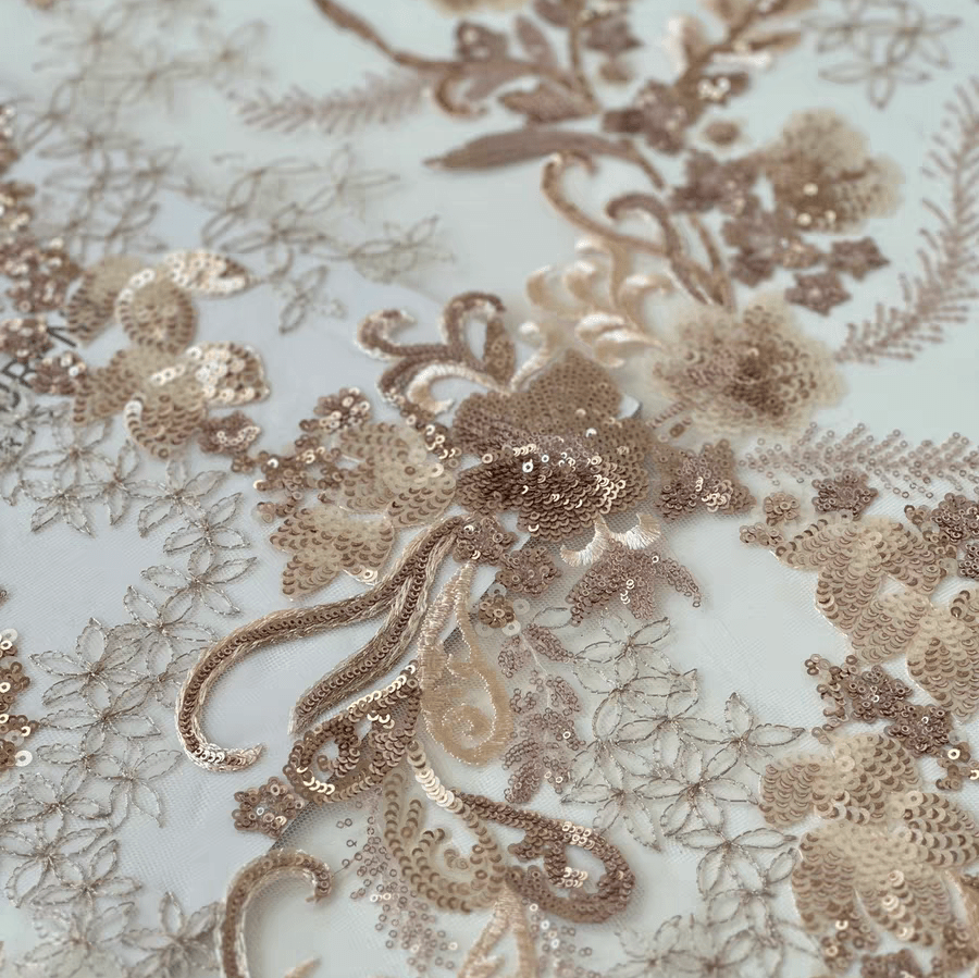 Gold Sequin Embroidered Floral Tulle Lace Fabric - WonderlandByLilian