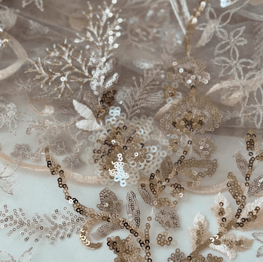 Gold Sequin Embroidered Floral Tulle Lace Fabric - WonderlandByLilian