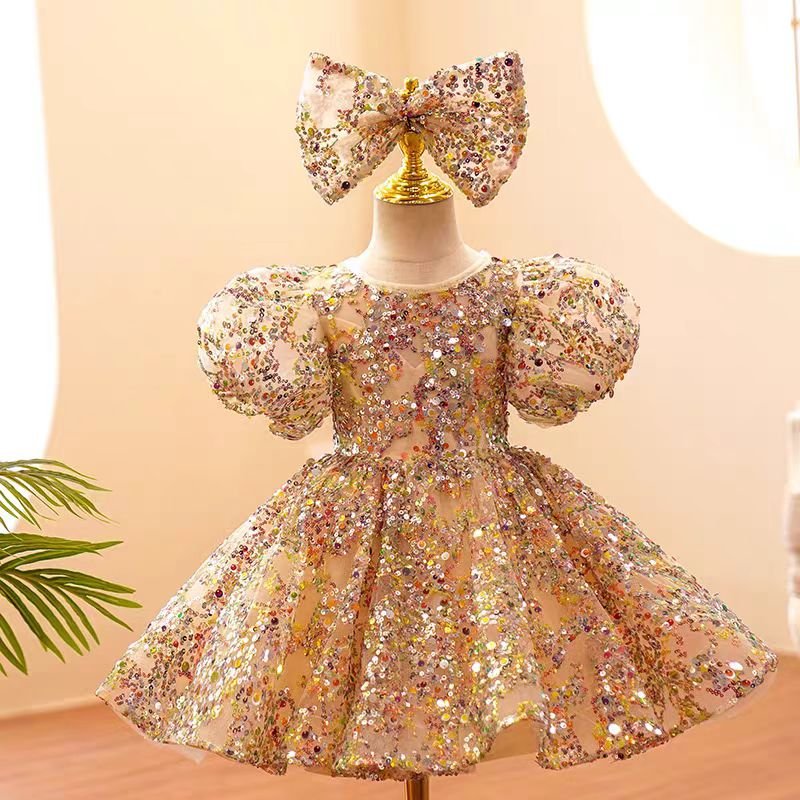 Gold Sequin Tulle Flower Girl Dress for Wedding – Puff Sleeve Plus Size - WonderlandByLilian