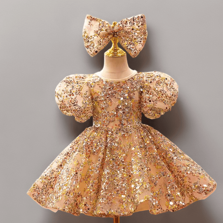 Gold Sequin Tulle Flower Girl Dress for Wedding – Puff Sleeve Plus Size - WonderlandByLilian