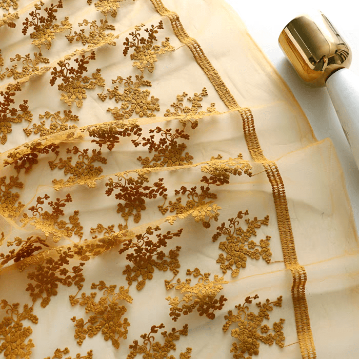 Golden Floral Embroidered Tulle Fabric - WonderlandByLilian