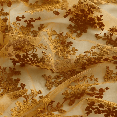 Golden Floral Embroidered Tulle Fabric - WonderlandByLilian