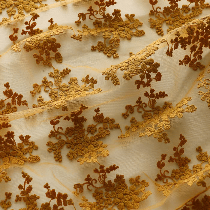 Golden Floral Embroidered Tulle Fabric - WonderlandByLilian