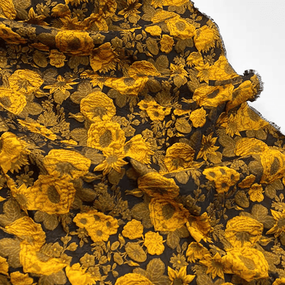 Golden Floral Jacquard Fabric on Black Background - WonderlandByLilian