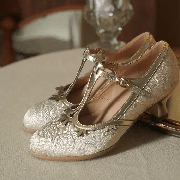 "Golden Garden" – Handmade Embroidered T - Strap Mary Jane Heels - WonderlandByLilian