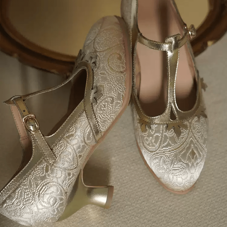 "Golden Garden" – Handmade Embroidered T - Strap Mary Jane Heels - WonderlandByLilian