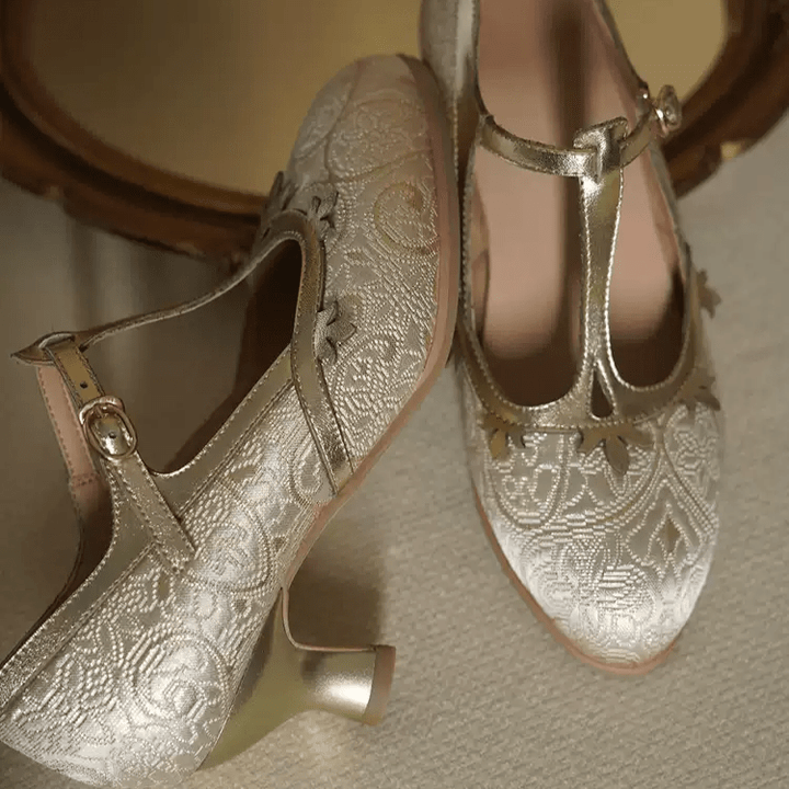 "Golden Garden" – Handmade Embroidered T - Strap Mary Jane Heels - WonderlandByLilian