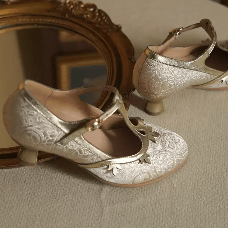 "Golden Garden" – Handmade Embroidered T - Strap Mary Jane Heels - WonderlandByLilian