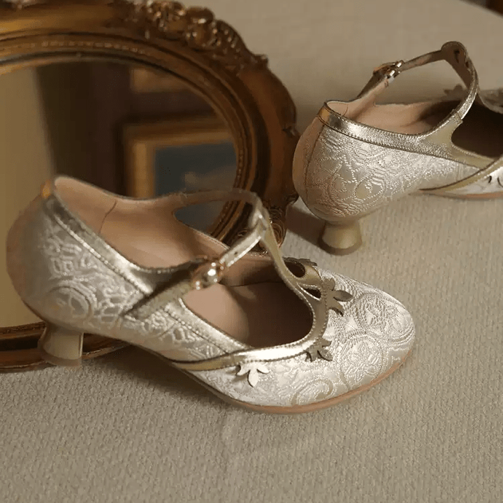 "Golden Garden" – Handmade Embroidered T - Strap Mary Jane Heels - WonderlandByLilian