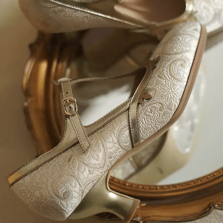"Golden Garden" – Handmade Embroidered T - Strap Mary Jane Heels - WonderlandByLilian