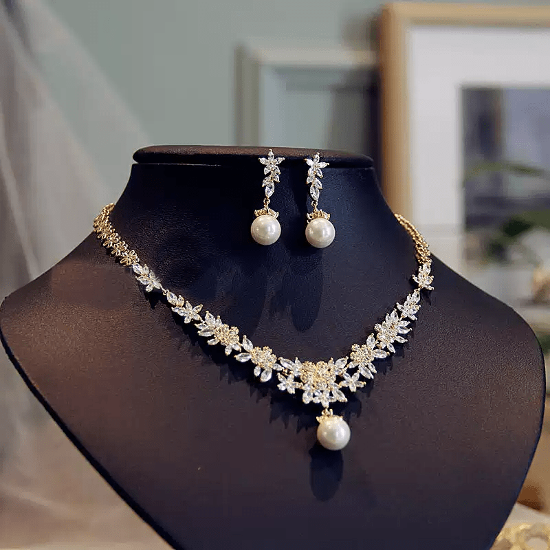 Golden Lilydrop – Pearl & Crystal Leaf Bridal Necklace & Earrings Set - WonderlandByLilian