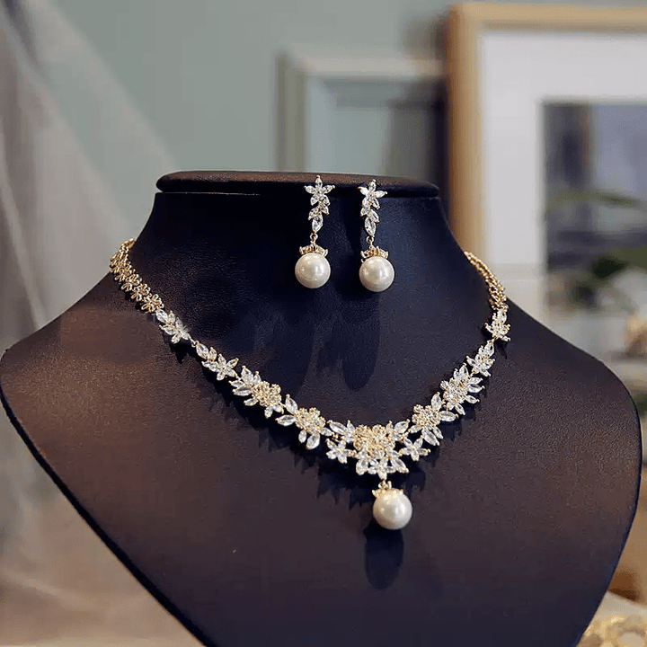 Golden Lilydrop – Pearl & Crystal Leaf Bridal Necklace & Earrings Set - WonderlandByLilian