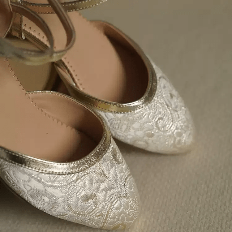 "Golden Reverie" – Handmade Vintage Brocade Low Heel Mary Jane Shoes - WonderlandByLilian