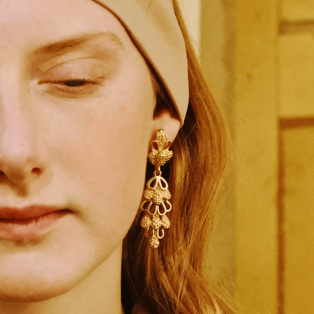 Golden Reverie – Handmade Vintage Filigree Long Drop Earrings – Pinecone - WonderlandByLilian