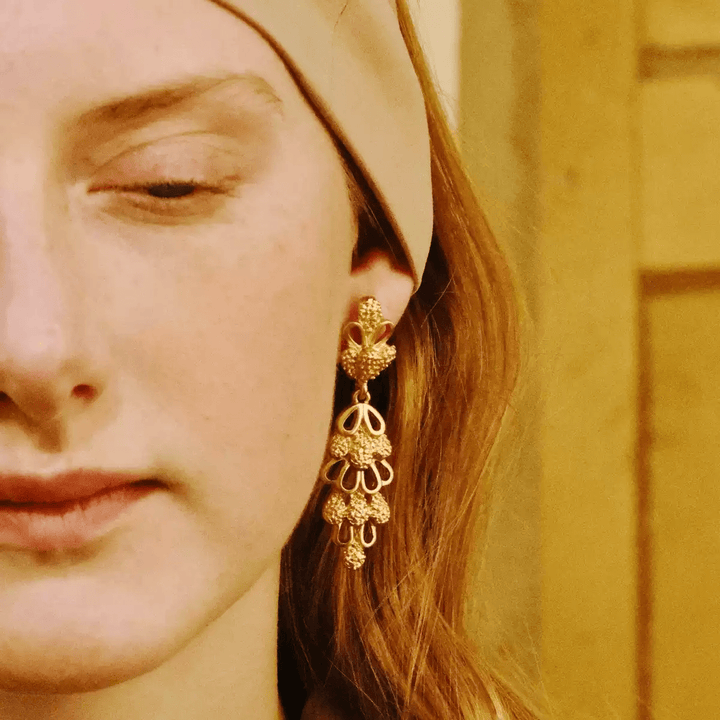 Golden Reverie – Handmade Vintage Filigree Long Drop Earrings – Pinecone - WonderlandByLilian