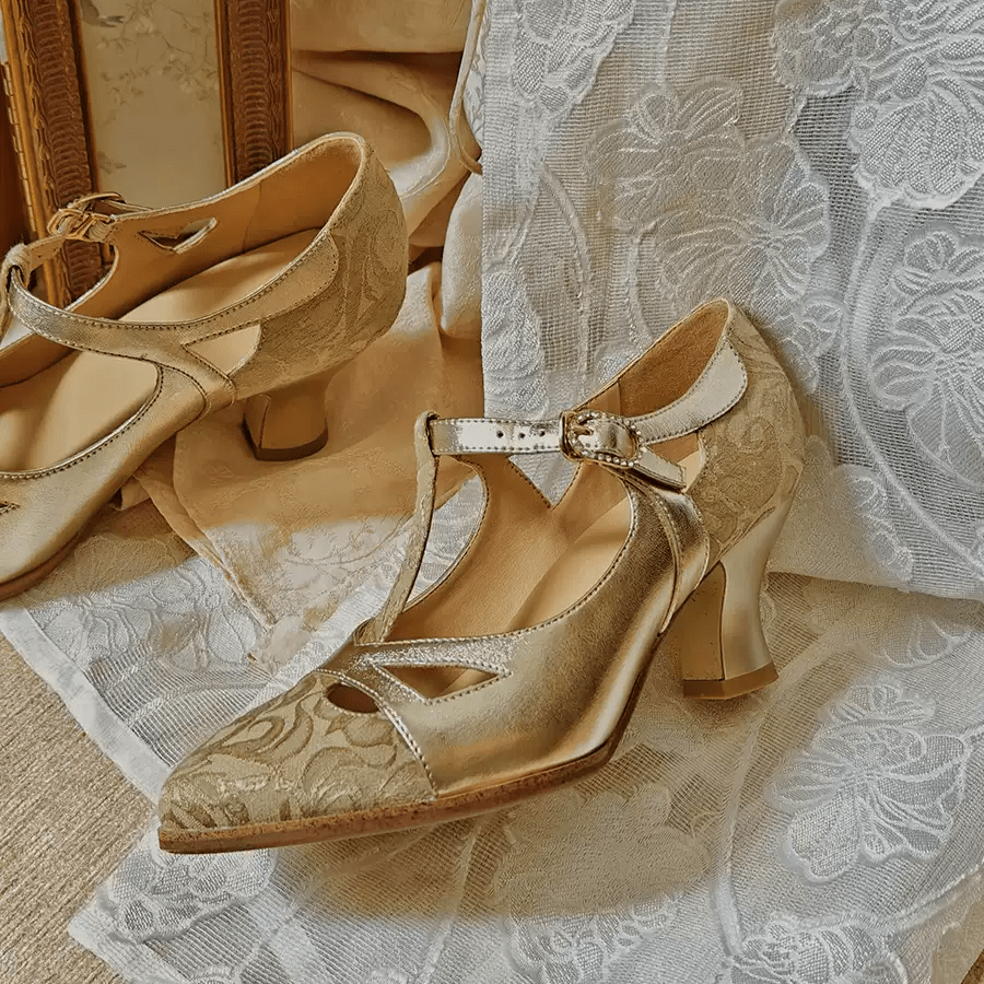 "Golden Reverie" – Handmade Vintage T - Strap Leather Heels - WonderlandByLilian