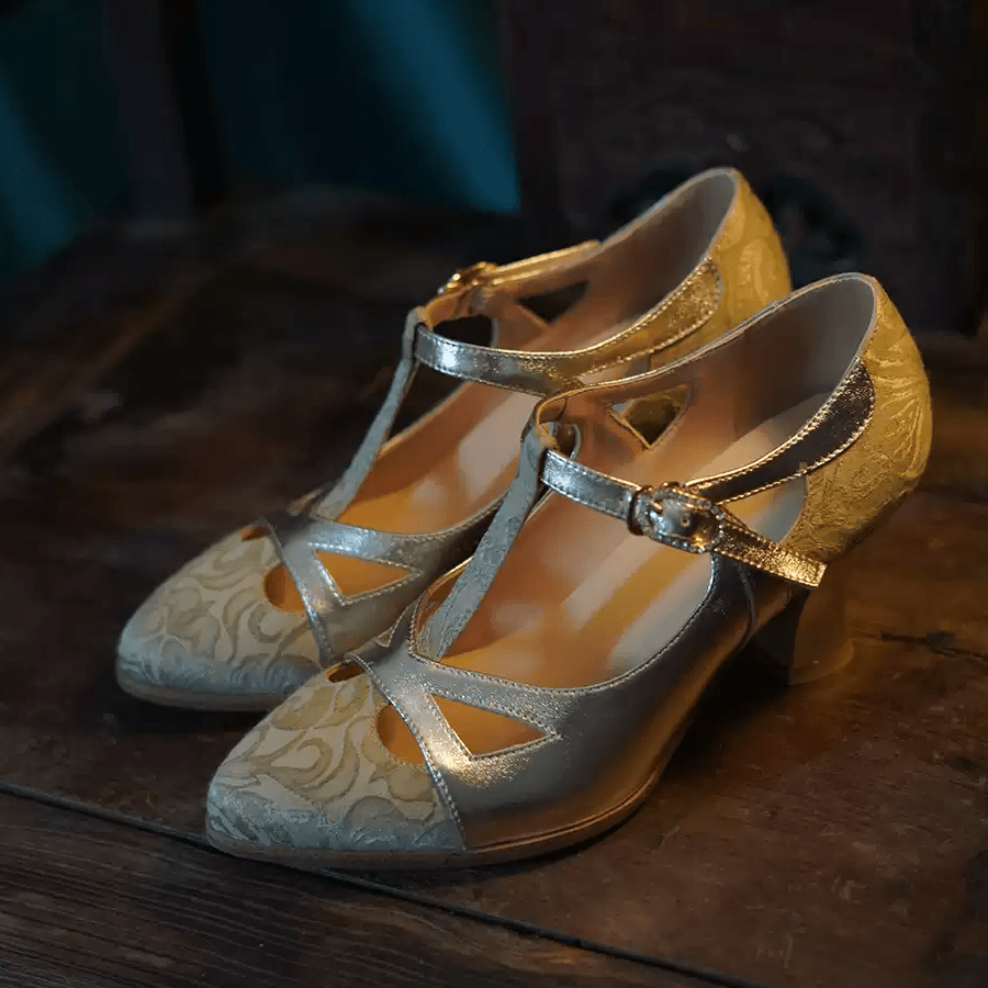 "Golden Reverie" – Handmade Vintage T - Strap Leather Heels - WonderlandByLilian