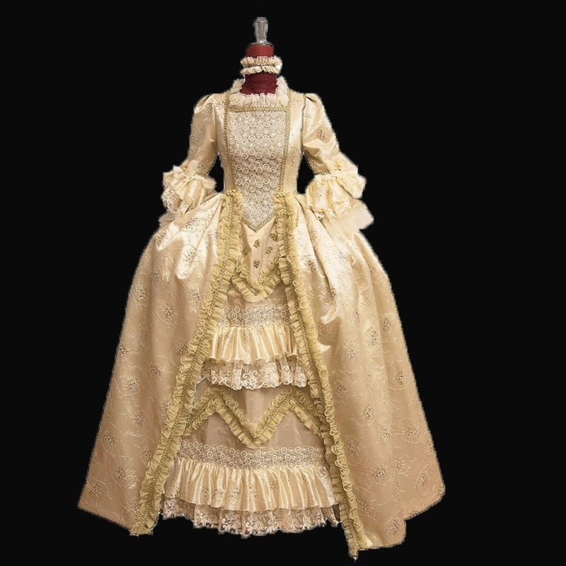 Golden Rococo Ball Gown with Regal Elegance – Vintage Lace Embellished Baroque Style Dress - Victorian Dress Plus Size - WonderlandByLilian