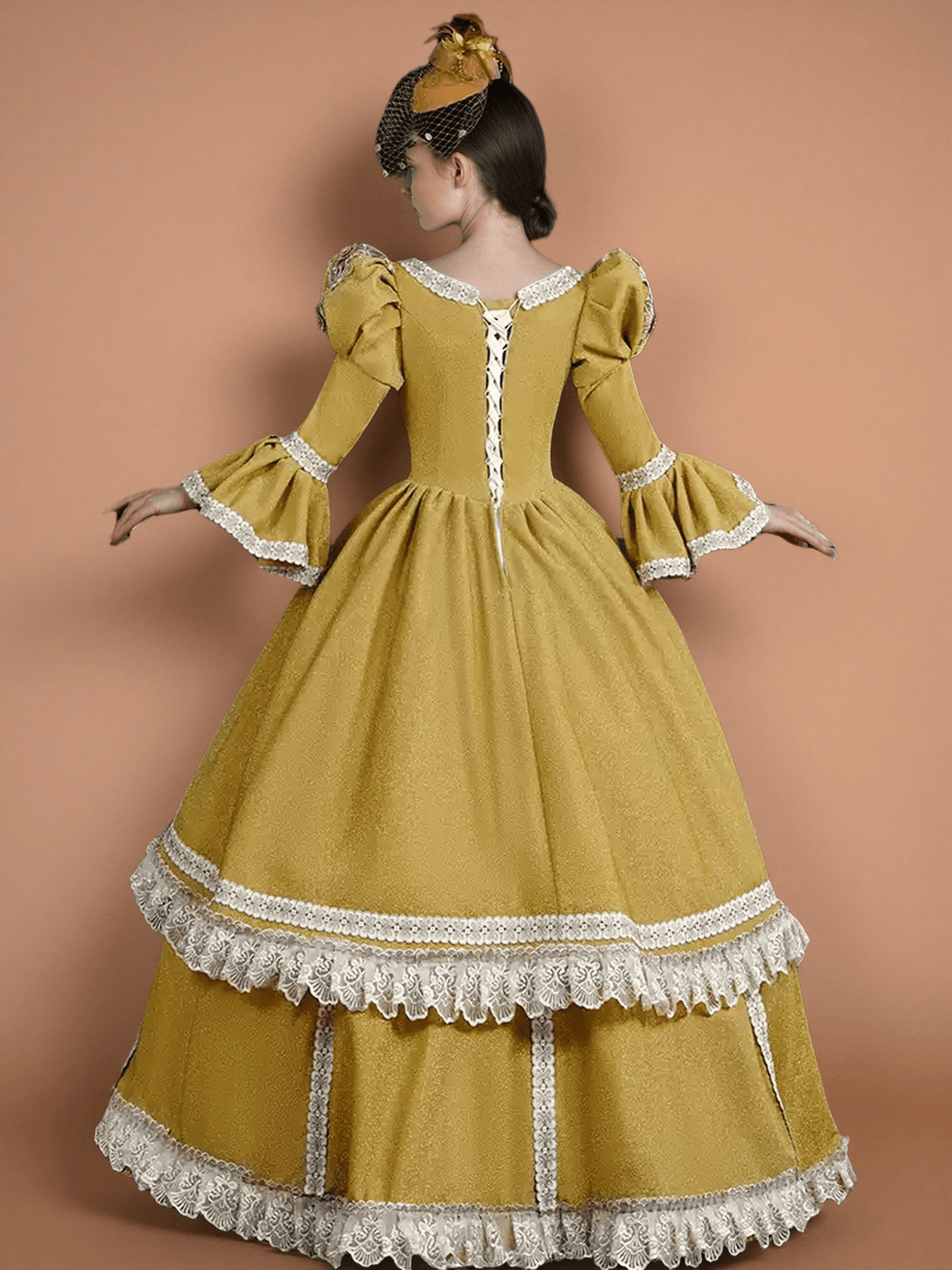 Golden Rococo Ball Gown with Ruffle Lace Trim – Vintage Puffy Sleeve Court Dress - WonderlandByLilian