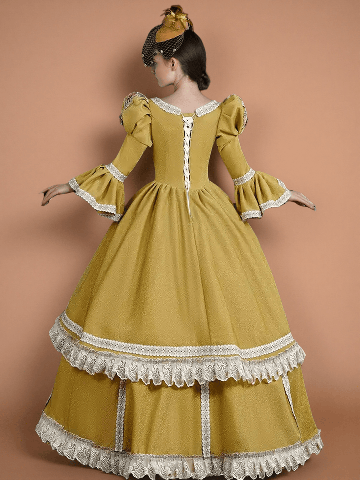 Golden Rococo Ball Gown with Ruffle Lace Trim – Vintage Puffy Sleeve Court Dress - WonderlandByLilian