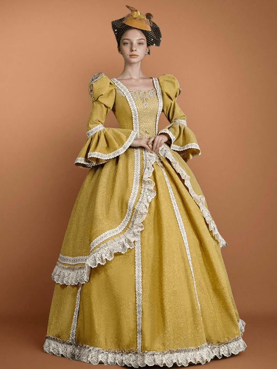 Golden Rococo Ball Gown with Ruffle Lace Trim – Vintage Puffy Sleeve Court Dress - WonderlandByLilian