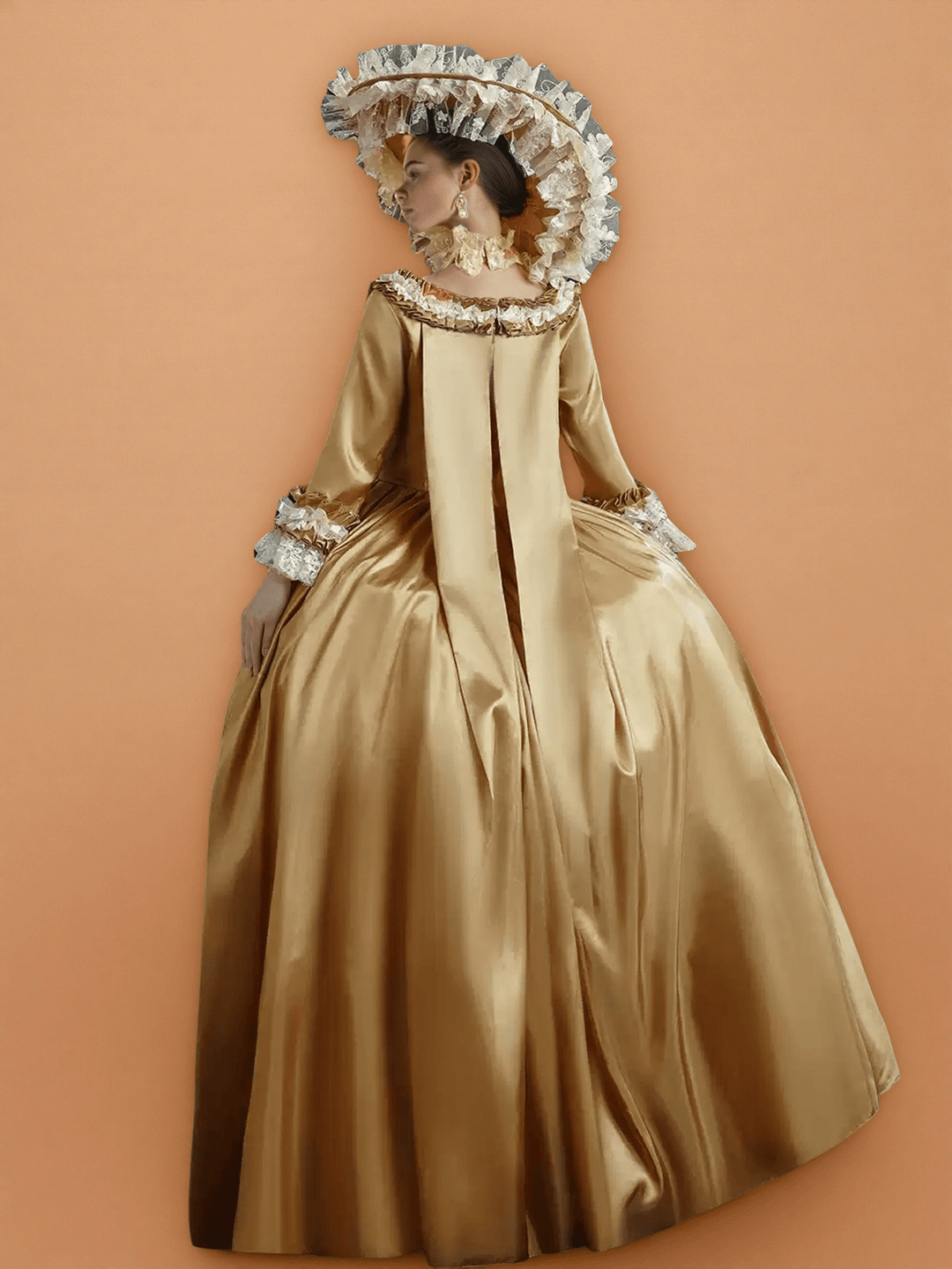 Golden Rococo Court Gown – Vintage Gold Satin Dress with Lace Ruffles and Pannier Silhouette - WonderlandByLilian