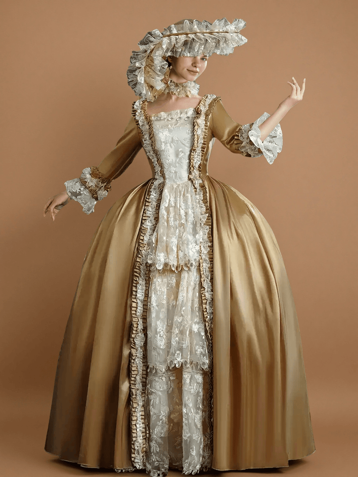 Golden Rococo Court Gown – Vintage Gold Satin Dress with Lace Ruffles and Pannier Silhouette - WonderlandByLilian