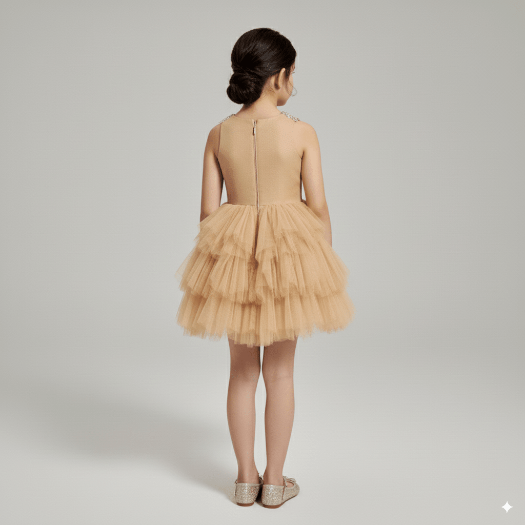 Golden Tulle Flower Girl Dress with 3D Floral Appliqué – Special Occasion Flower Girl Dress with Cape Plus Size - WonderlandByLilian