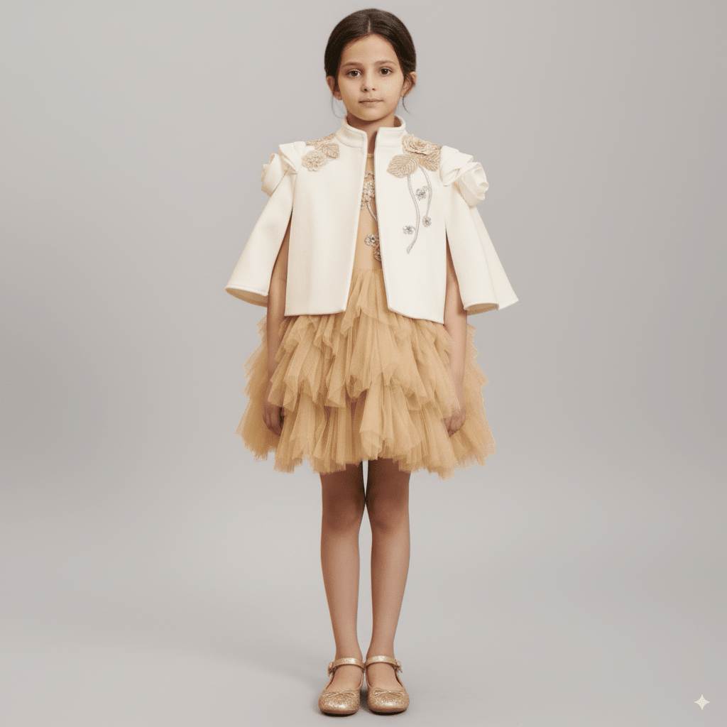 Golden Tulle Flower Girl Dress with 3D Floral Appliqué – Special Occasion Flower Girl Dress with Cape Plus Size - WonderlandByLilian