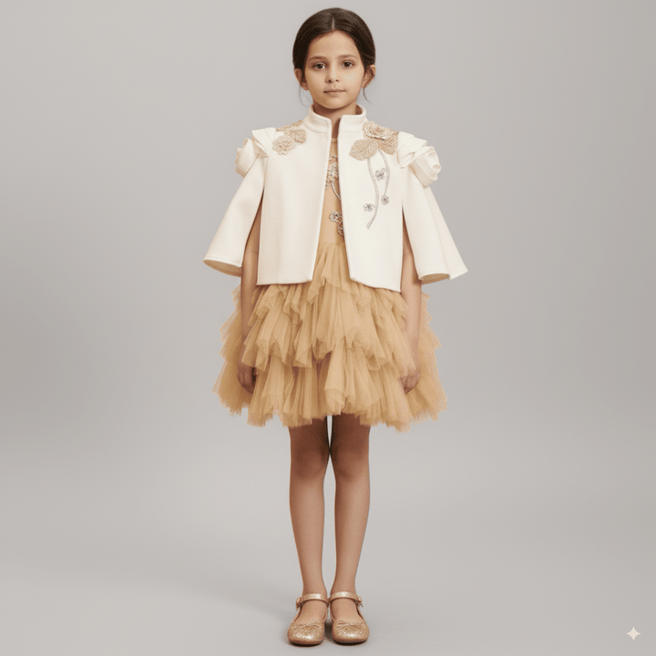 Golden Tulle Flower Girl Dress with 3D Floral Appliqué – Special Occasion Flower Girl Dress with Cape Plus Size - WonderlandByLilian